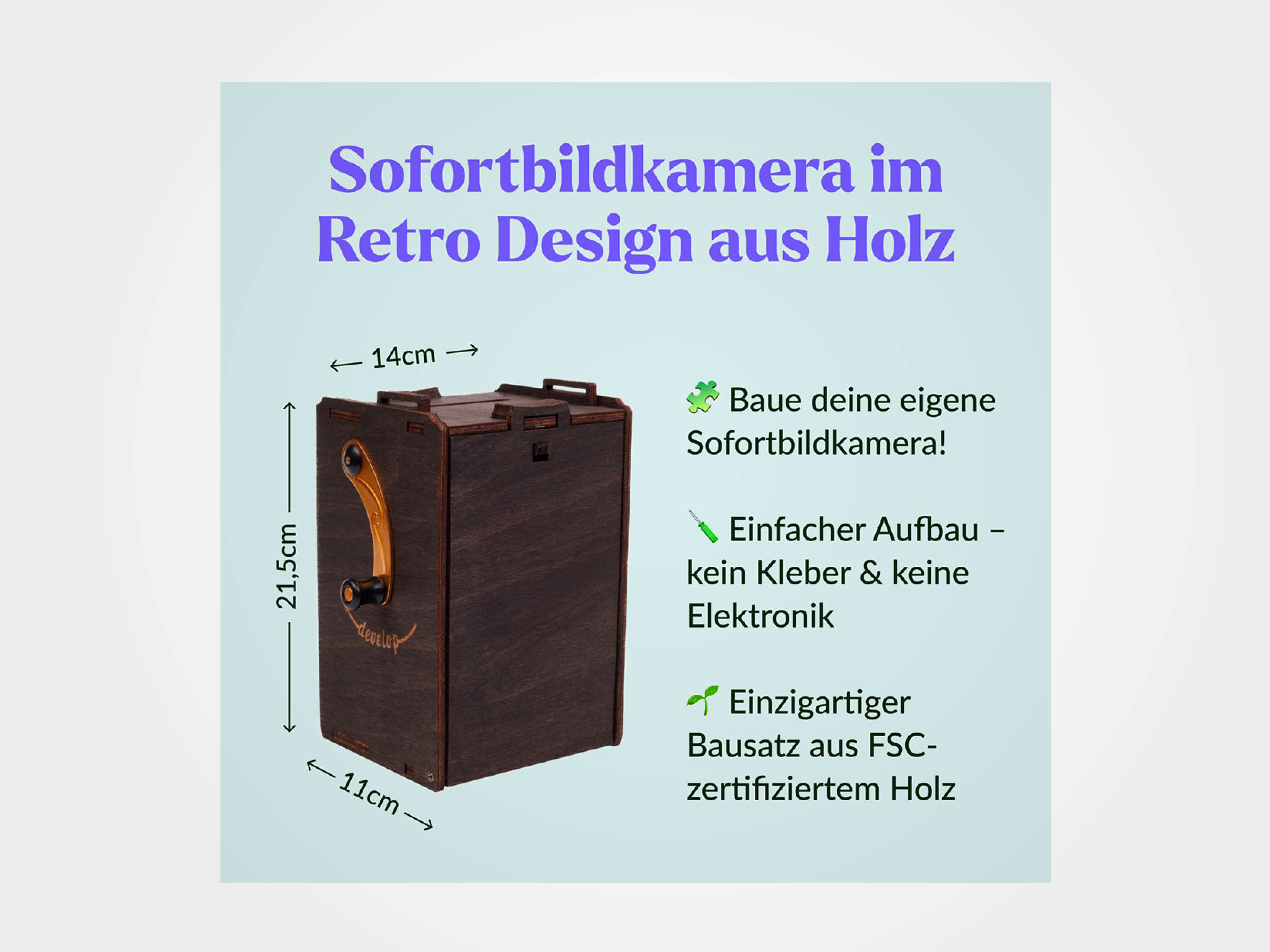 3D-Holzpuzzle, Sofortbildkamera Bausatz, inkl. Fujifilm Instax (für 10 Aufnahmen) + gratis Stativ